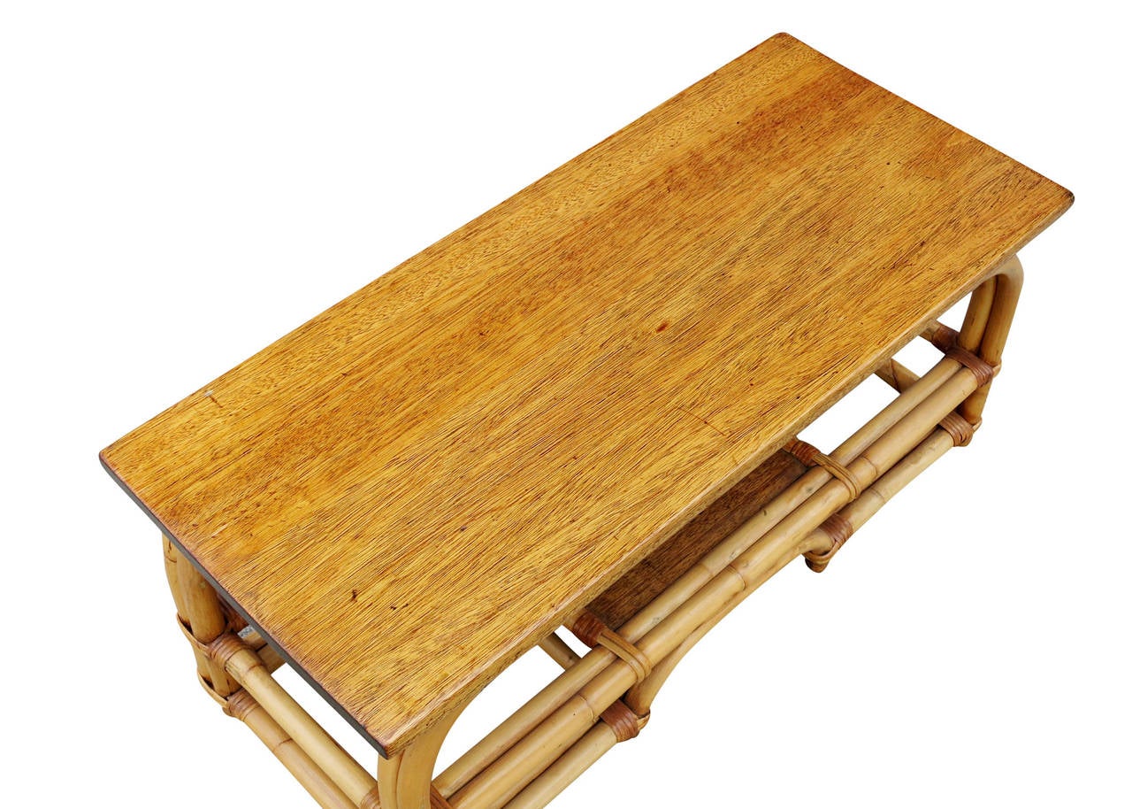 American Restored Two-Tier Rattan Coffee Table with Mahogany Top