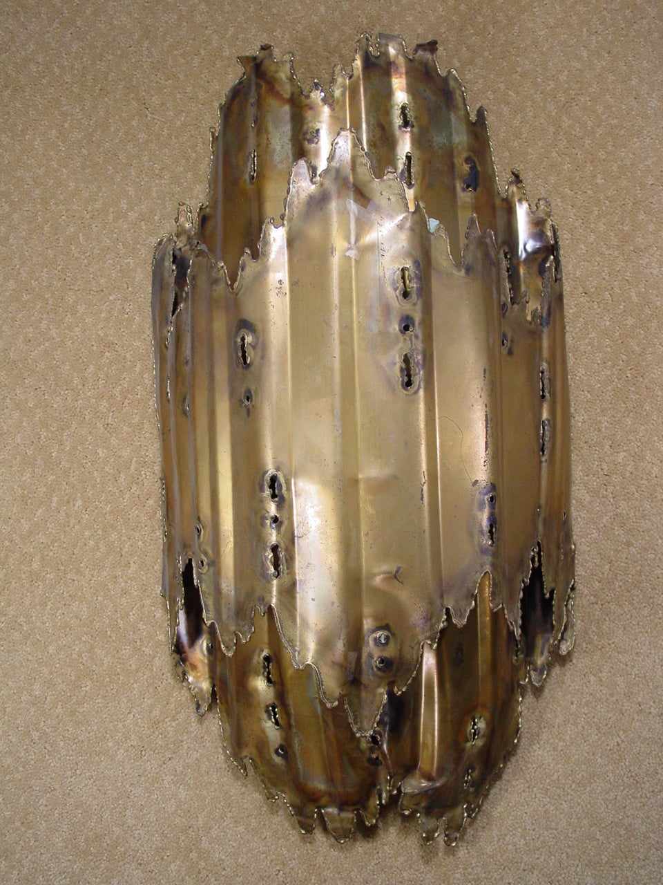 Pair of Brutalist Hammered Brass Wall Sconce by Tom Greene for Feldman