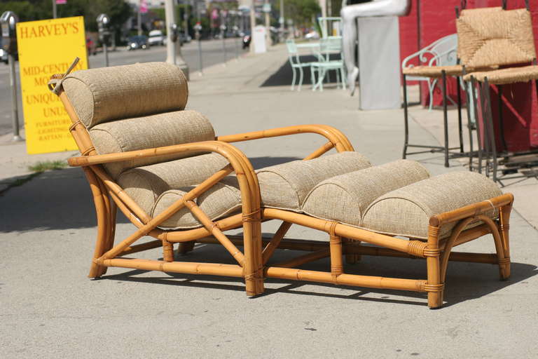 Three-strand rattan chaise lounge chair perfect for the modern living room. 

Custom cushions are available C.O.M.

Please inquire about additional pieces available.

All rattan, bamboo and wicker has been painstakingly refurbished using the