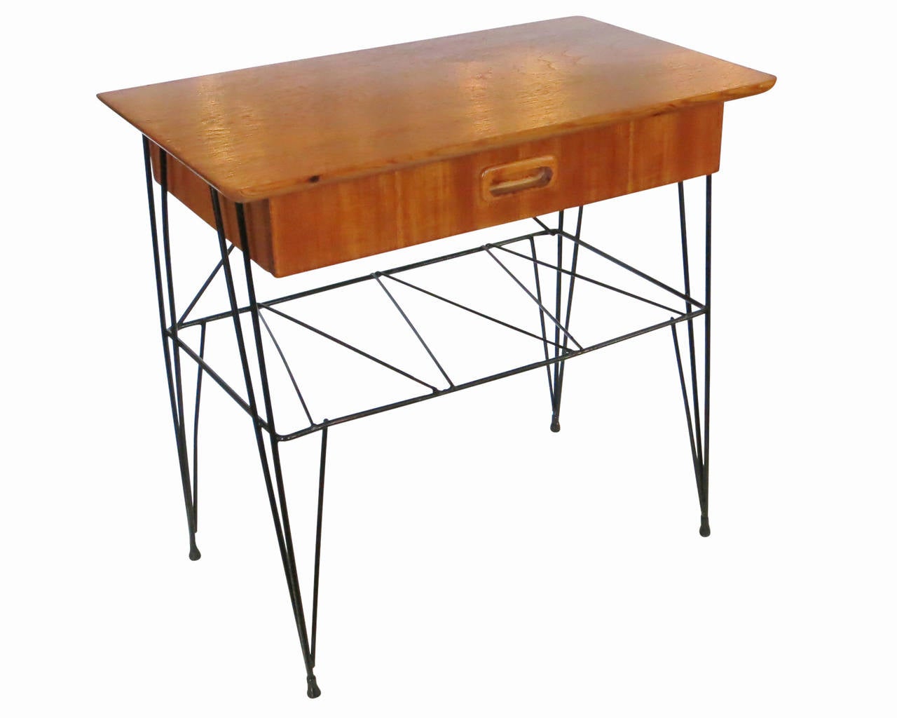 This Jean Royere style two tier sculptural table was made with a black painted wire frame table base and cherry stained oak top. The table comes with a single pull out drawer with sculpted drawer pull and wire platform for extra storage.