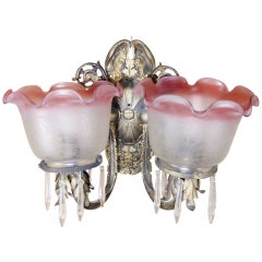 Neoclassical Brass Sconce with Acid Etched Rose Shades 7