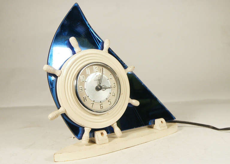 Art Deco Cobalt Blue Glass Sailboat Electric Clock by Victor