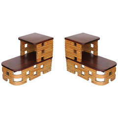 Pair of Paul Frankl Stacked Rattan Side Table