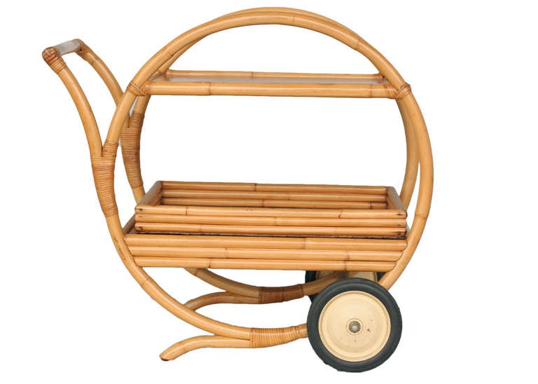 1940s Round Rattan and Mahogany Bar Cart