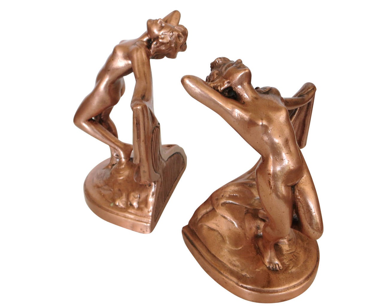 Pair of  Galvano Copper (electroformed copper) bookends each featuring a nude dancer holding a draping piece of cloth. Both pieces where produced by Pul Mori & Son in 1920.

This set has been named 