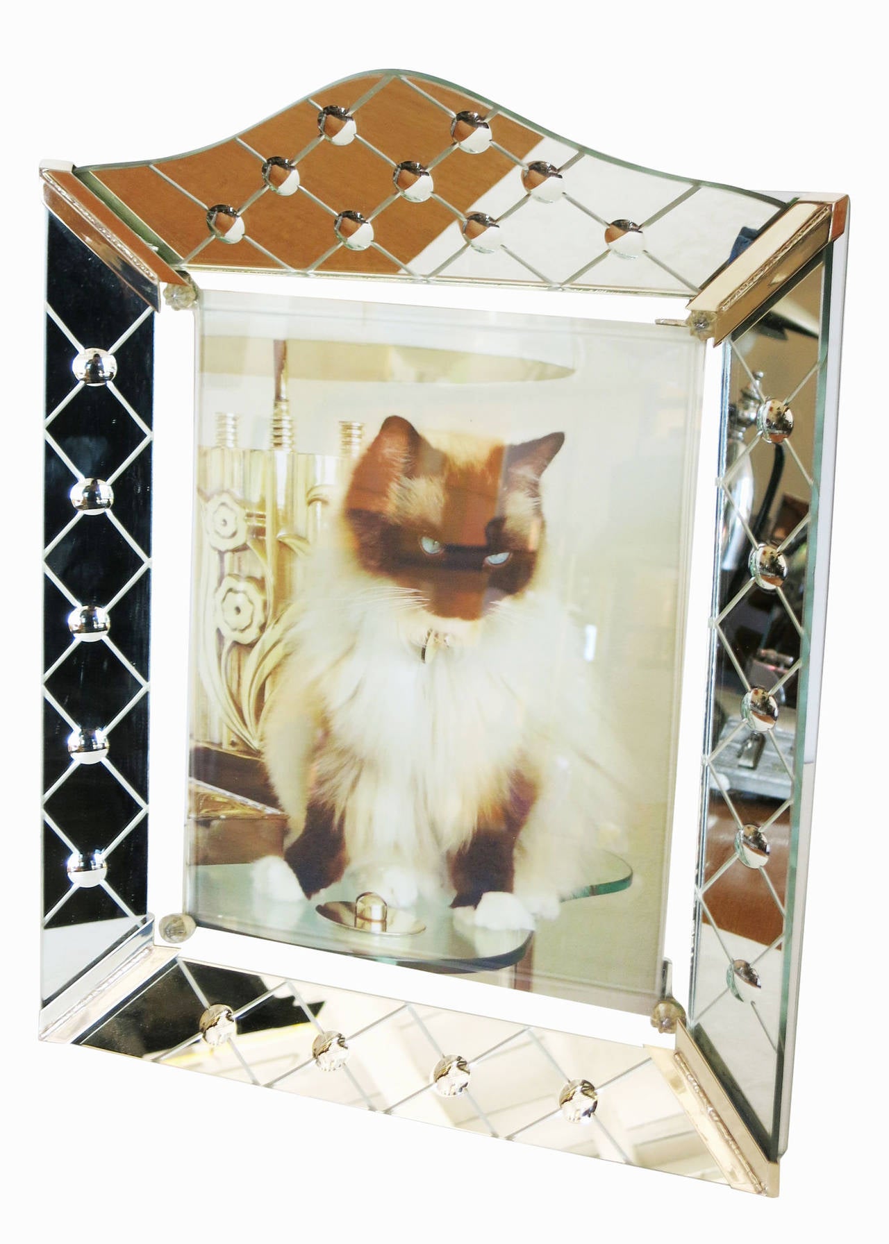 French Glass Art Deco Table Top Picture Frame with Mirrored Face