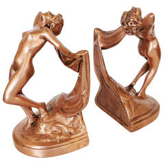 Antique Nude "Newly Liberated" Galvano Copper Bookend set