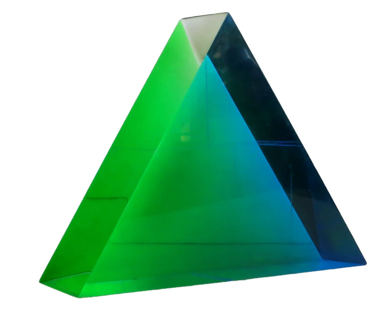 A Vasa Mihich laminated acrylic sculpture circa 1980, this piece has a two-toned triangular form that shifts in color depending on the viewing angle. 

Mihich is an academically trained painter and a senior Professor of Design at the University of