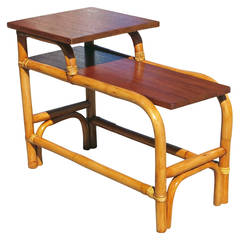 Restored Steam Bent Two-Tier Rattan Side Table with Mahogany Top 5