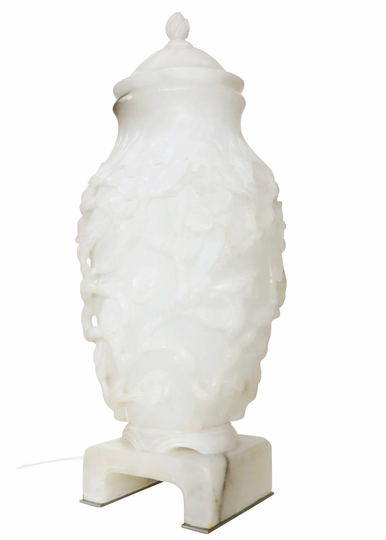 Mid-Century Modern Urn-Form Hand Carved Cherry Blossoms Alabaster Lamp by Marbro Lamp Co.