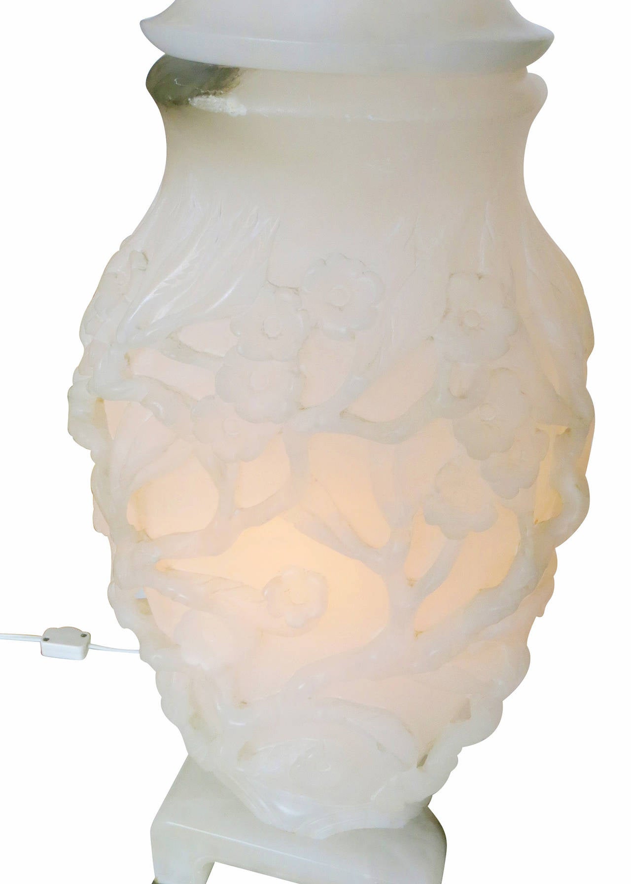 Mid-20th Century Urn-Form Hand Carved Cherry Blossoms Alabaster Lamp by Marbro Lamp Co.