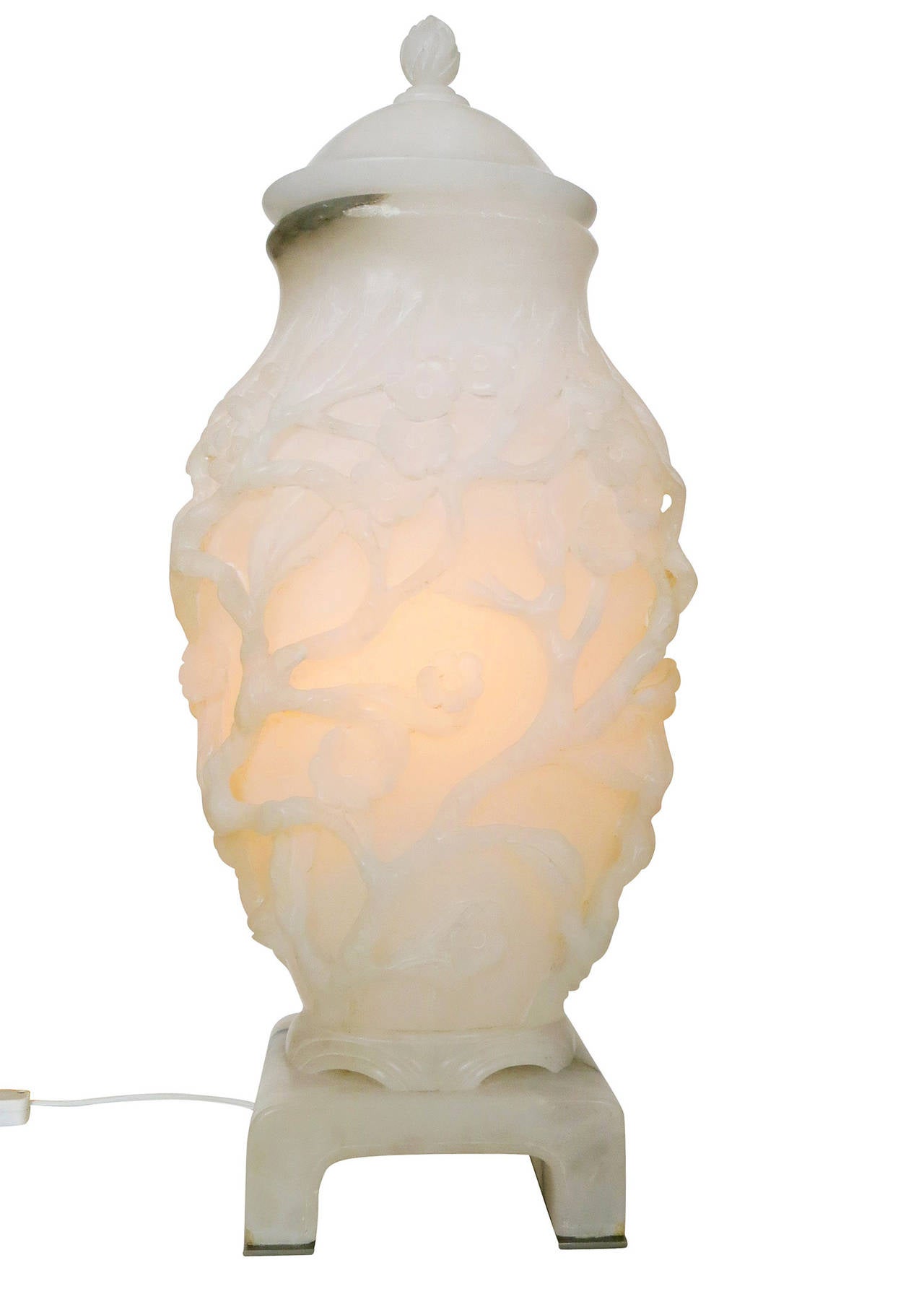 Italian Urn-Form Hand Carved Cherry Blossoms Alabaster Lamp by Marbro Lamp Co.