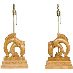 Pair of Yasha Heifetz Carved Oak Flying Fish Table Lamps