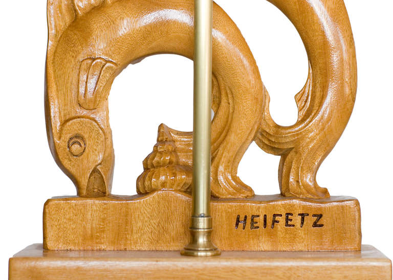 American Pair of Yasha Heifetz Carved Oak Flying Fish Table Lamps