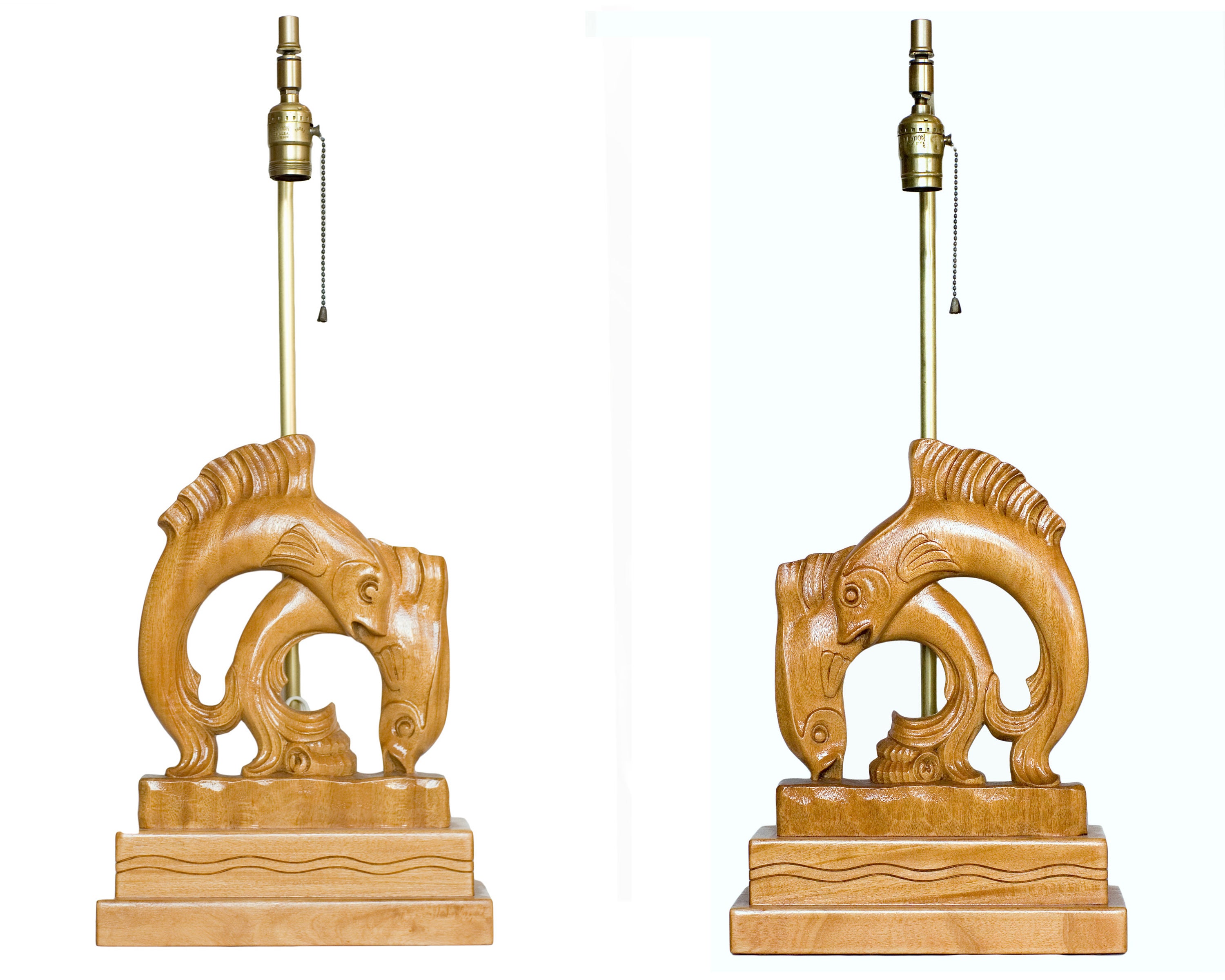 Pair of Yasha Heifetz Carved Oak Flying Fish Table Lamps