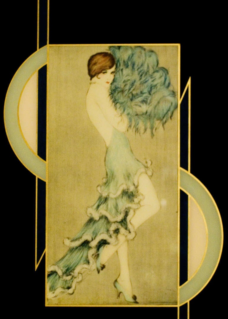 A beautifully framed 1930's print featuring a lady in high Deco fashion. The stunning brunette is draped in a backless blue dress embellished with ruffles and a large fan. 
