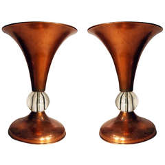Pair of Copper Mid-Century Half Glass Torchiere Table Lamps 4