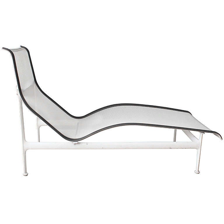 Pair of outdoor chaise lounges designed by Richard Schultz for Knoll International. White nylon mesh seat with grey leather trim.
