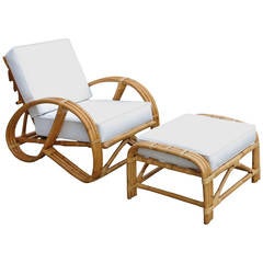 Rare Rebuilt Rattan Reclining Lounge Chair with 3/4 Pretzel Arms and Ottoman