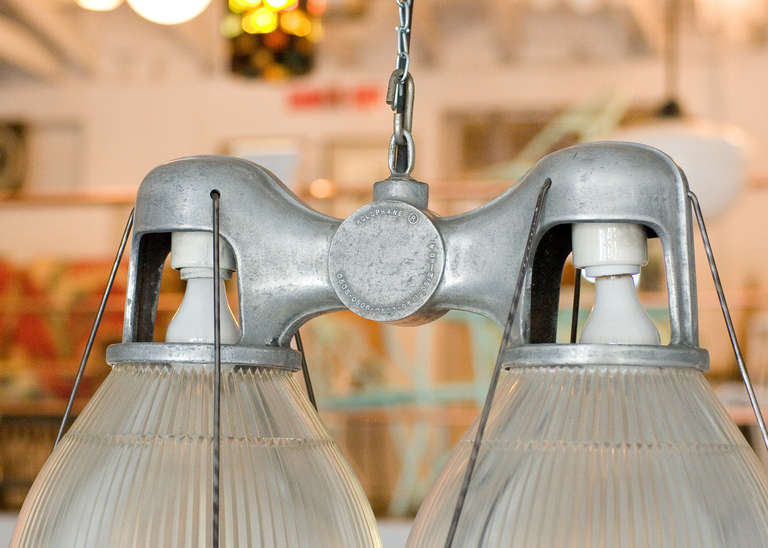1940s Holophane Industrial Double Pendant Lamp In Excellent Condition In Van Nuys, CA