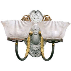 Antique Neoclassical Brass and pewter Sconce Pair with Shades