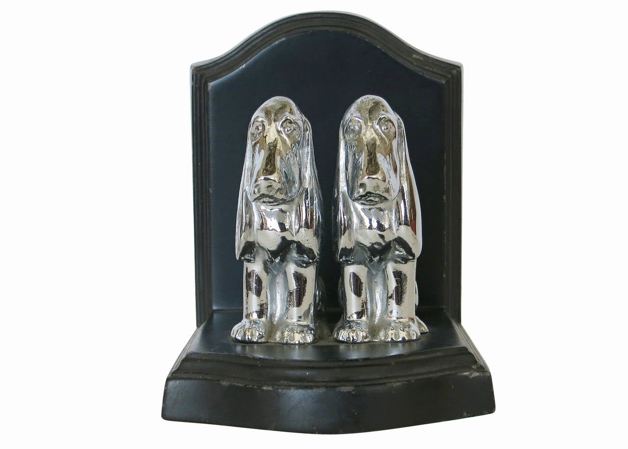 American Ronson Basset Hound Spelter and Chrome Bookends