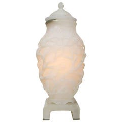 Urn-Form Hand Carved Cherry Blossoms Alabaster Lamp by Marbro Lamp Co.