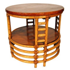 Two Tier Round Rattan Coffee Table with Mahogany Top