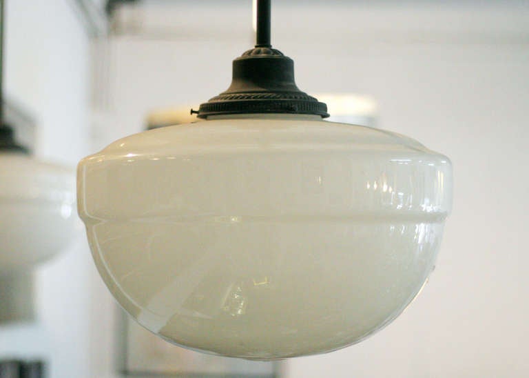 Art Deco Schoolhouse Brass Pendant Light with Globe, Circa 1920