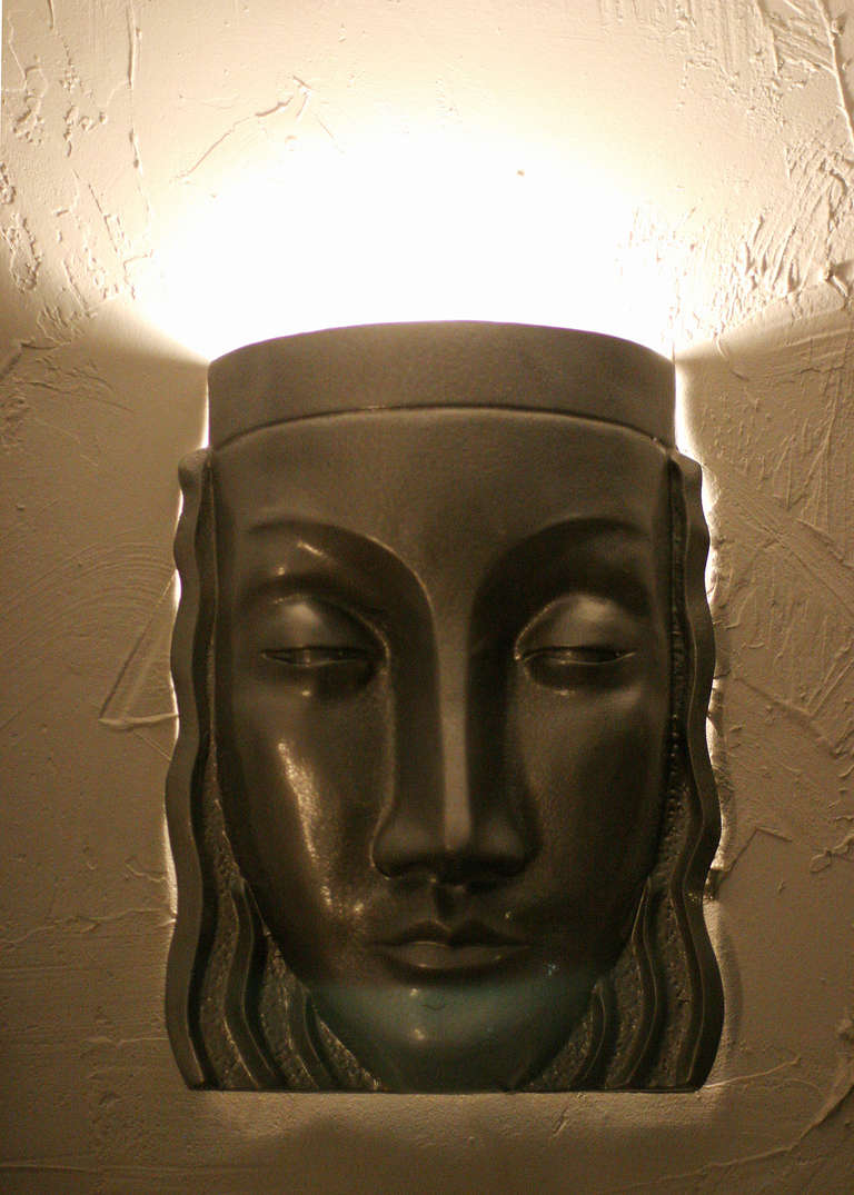 Fiberglass Art Deco Sculptural Female Face Wall Sconce, Rare