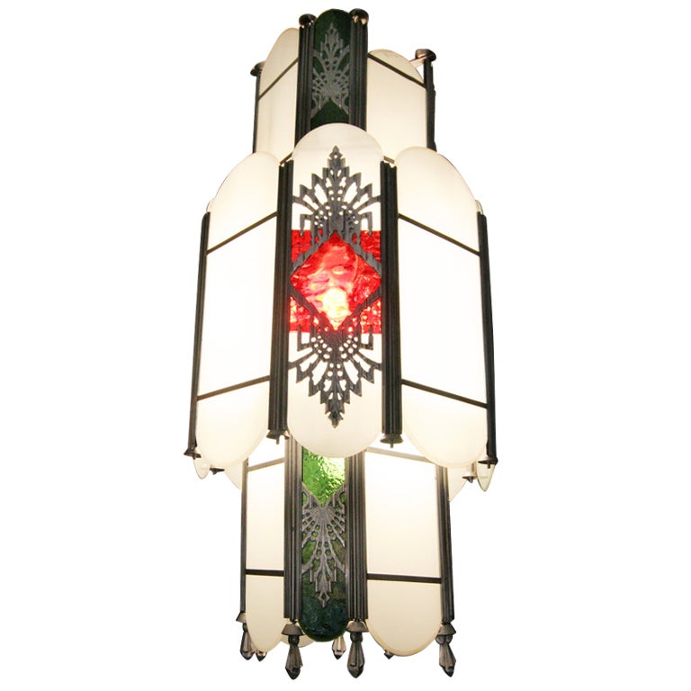 Intricate Art Deco Stained Glass Chandelier For Sale at 1stdibs