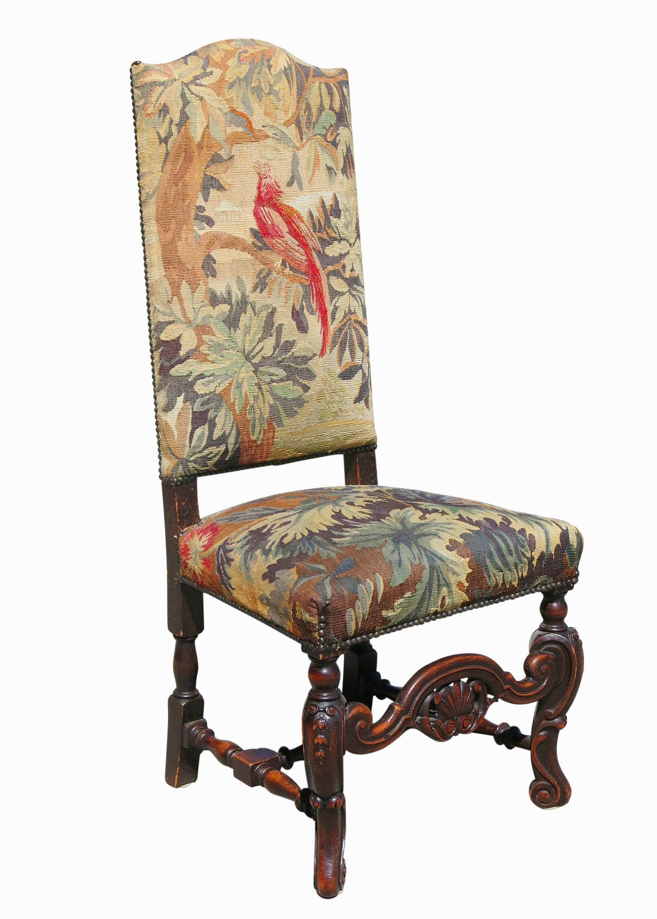 Set of Six 19th Century Carved Oak High Back Tapestry Dining Chairs at