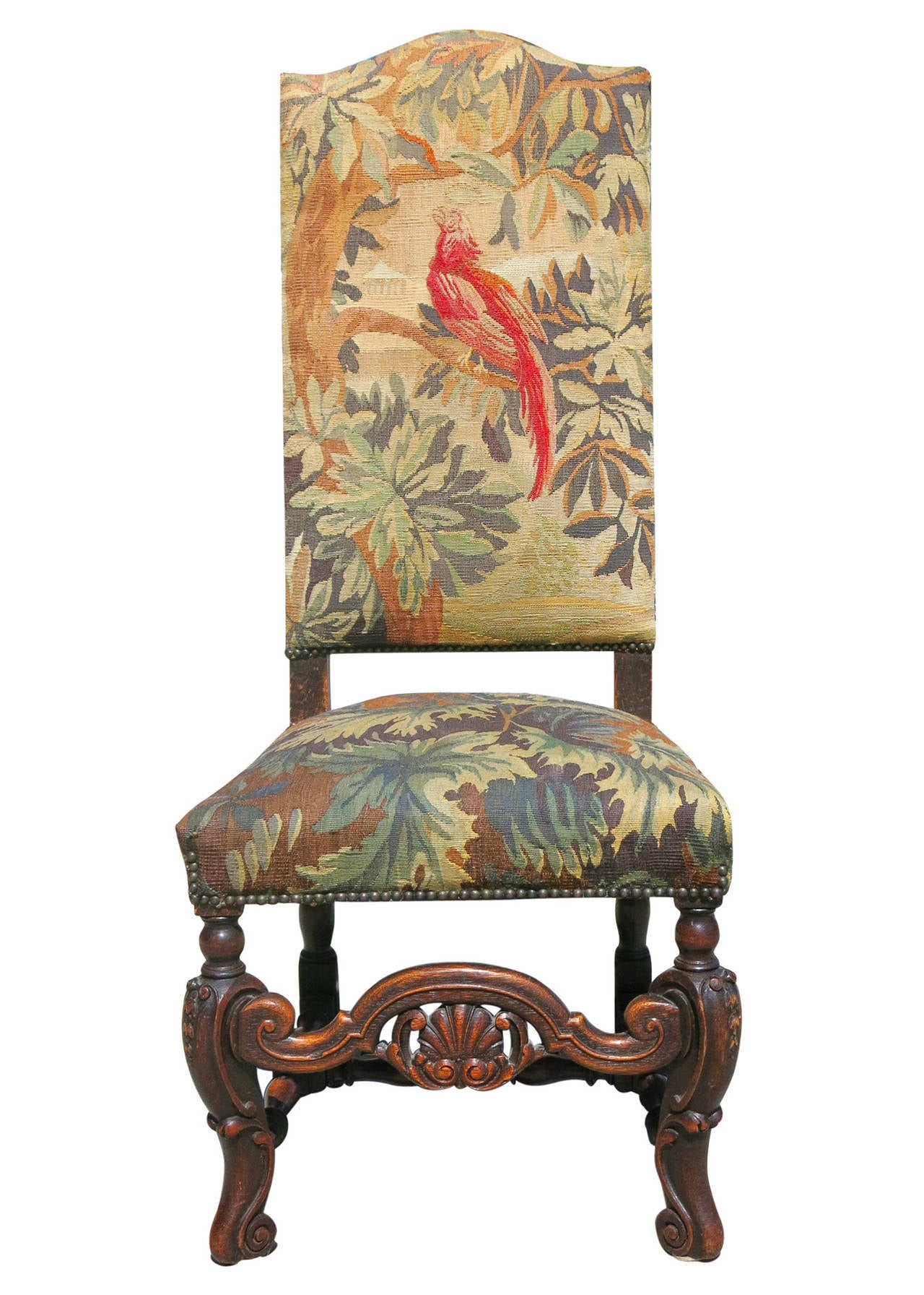 Set of Six 19th Century Carved Oak High Back Tapestry Dining Chairs at
