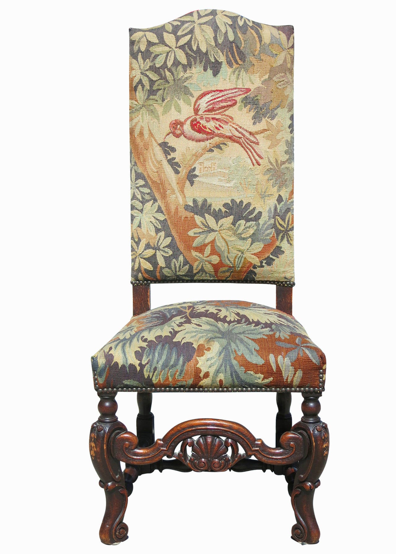 Set of Six 19th Century Carved Oak High Back Tapestry Dining Chairs at