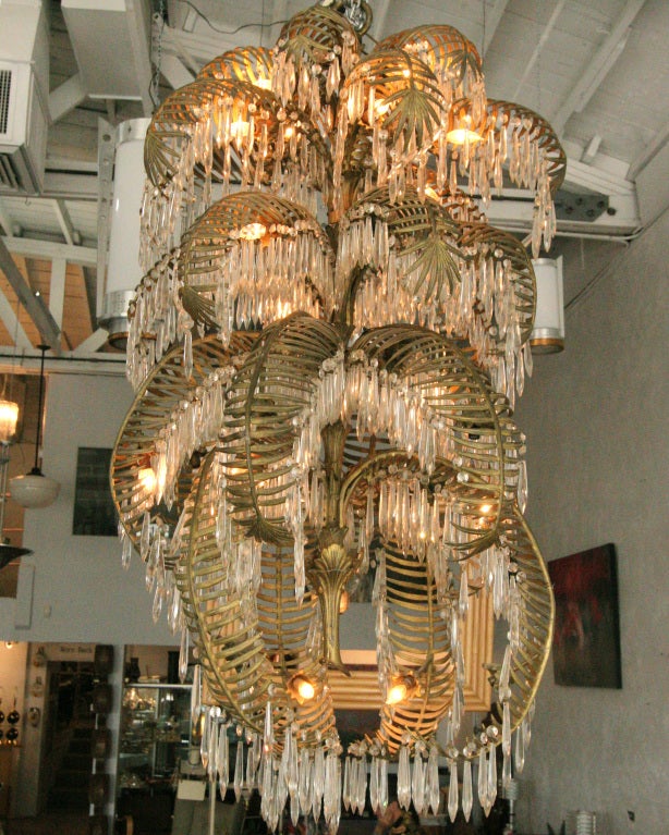 French Art Deco Gilded Bronze & Crystal Palm Chandelier