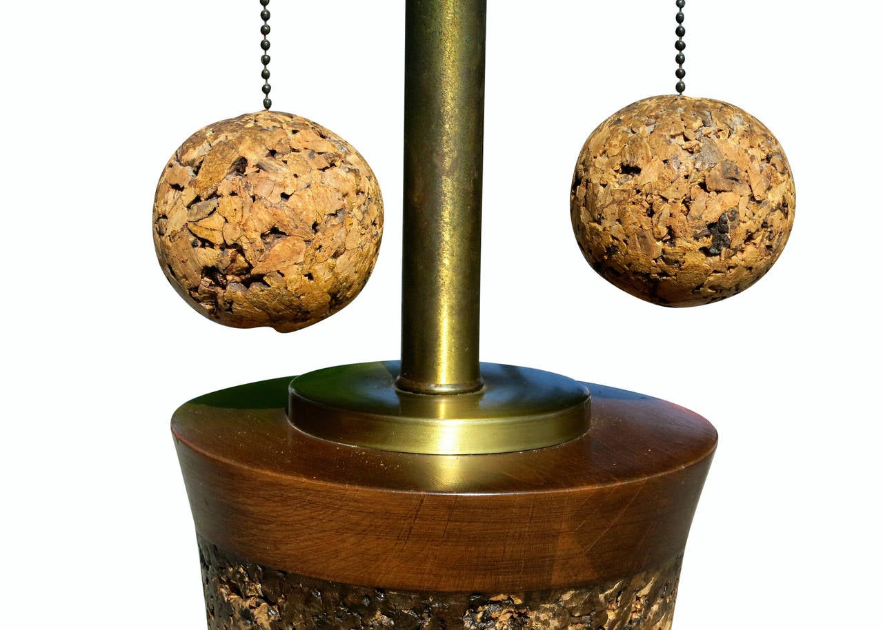 Brass Milo Baughman Style Cork Floor Lamp with Original Shade