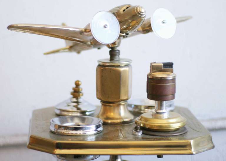 Mid-20th Century Brass Art Deco Ashtray Stand  with Light up Plane.
