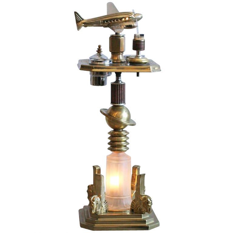 Brass Art Deco Ashtray Stand  with Light up Plane.