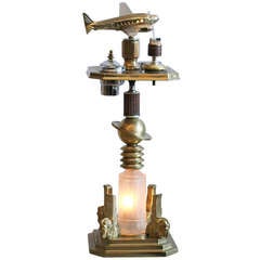 Vintage Brass Art Deco Ashtray Stand  with Light up Plane.