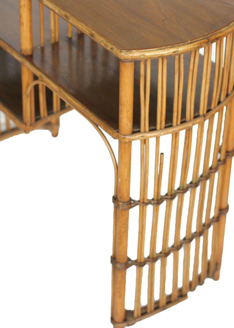 Restored Early 3 Tier Stick Rattan Side Table with Mahogany Table Top In Excellent Condition In Van Nuys, CA