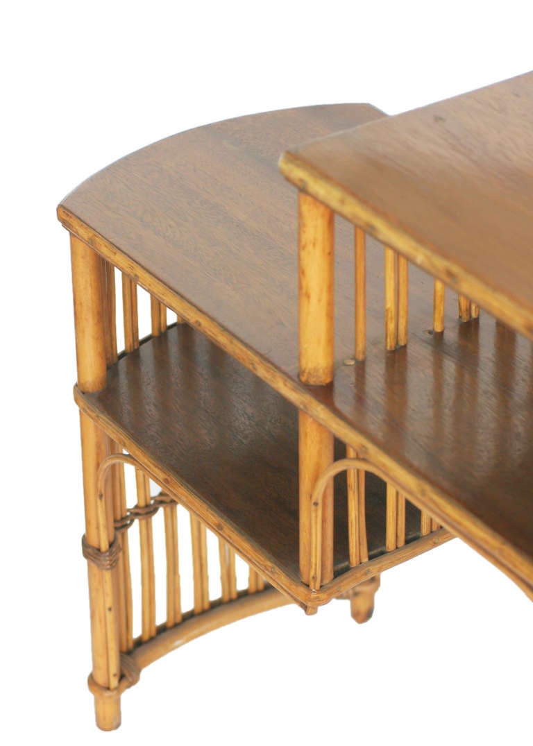Mid-20th Century Restored Early 3 Tier Stick Rattan Side Table with Mahogany Table Top