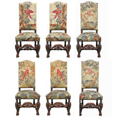Antique Set of Six 19th Century Carved Oak High Back Tapestry Dining Chairs
