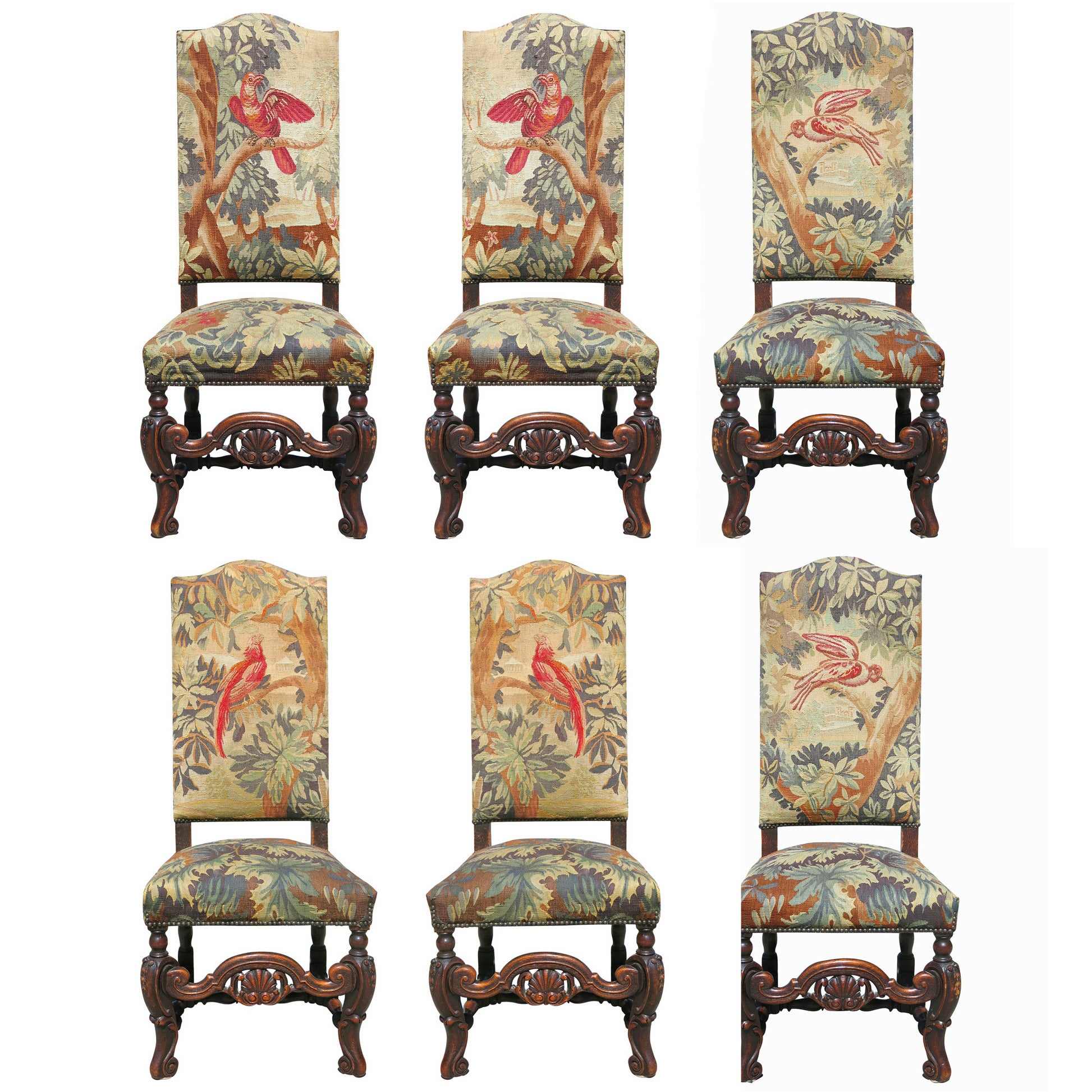 Set of Six 19th Century Carved Oak High Back Tapestry Dining Chairs at