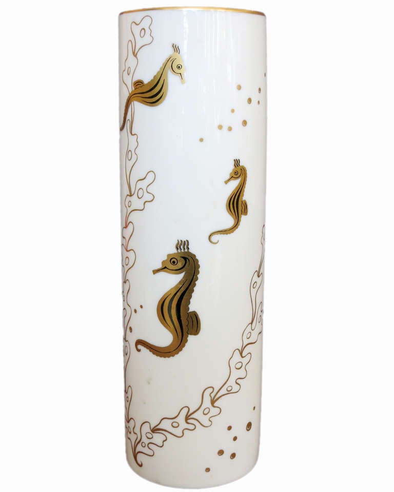 Circa 1950 Lenox bone china Vase featuring a 24k gold leafed design of a small school of seahorses playing along the ocean sea floor. 

Signed Lenox