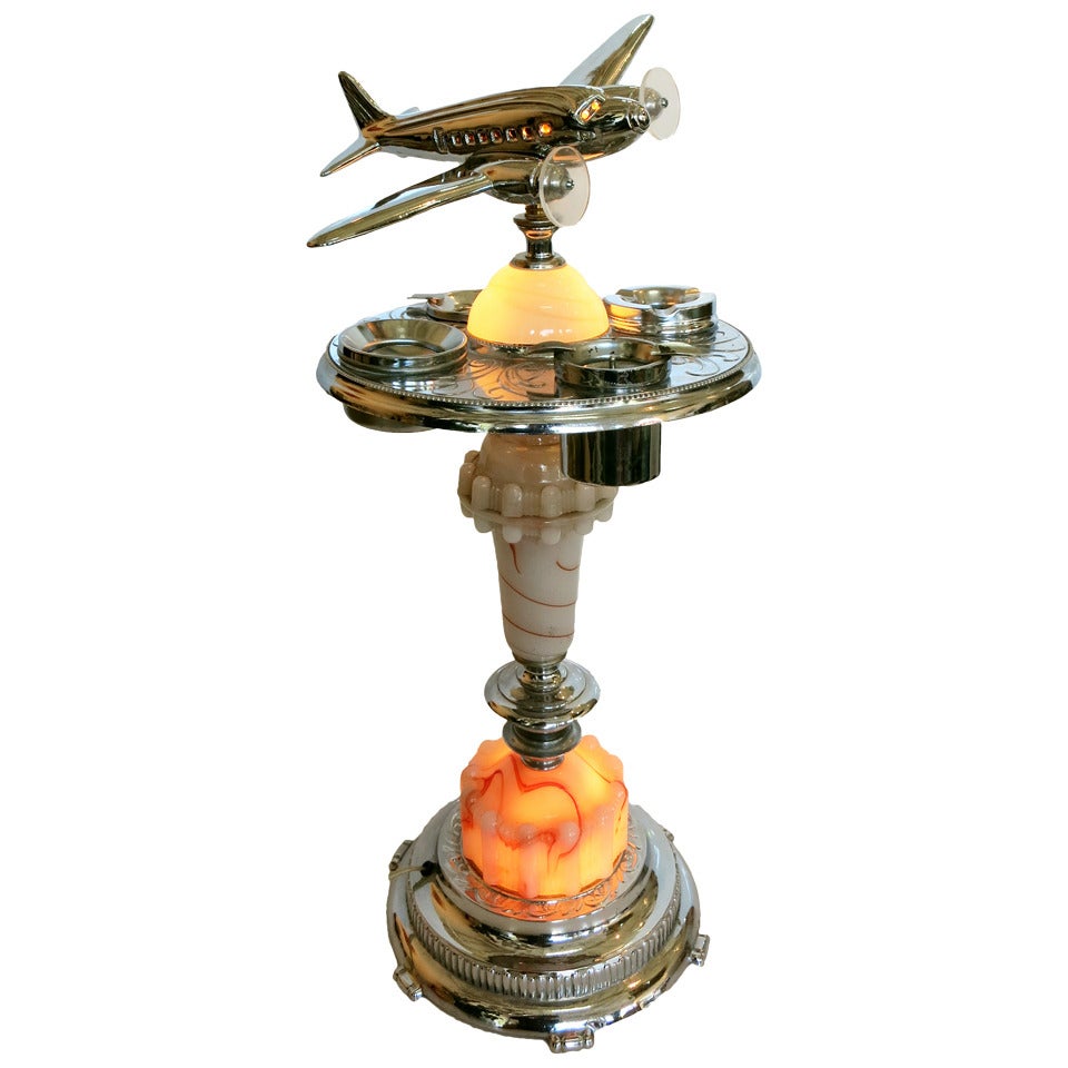 Chrome Art Deco Ashtray Stand with Light up Airplane