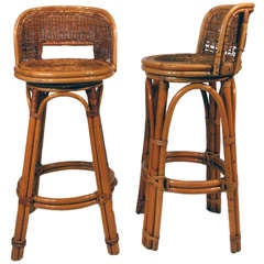 Rattan Bar Stool Pair with Woven Wicker Seats