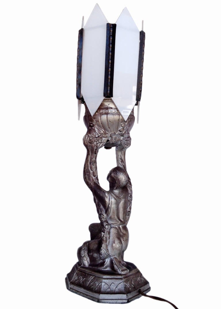 Glass Art Deco Spelter Joan of Arc Table Lamp by La Belle