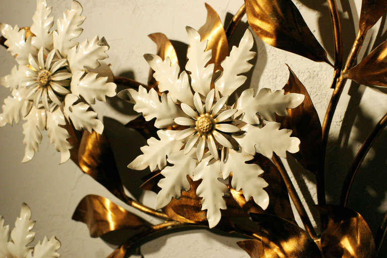 Hollywood Regency Italian Tole Gold Leaf Floral Wall Sconce