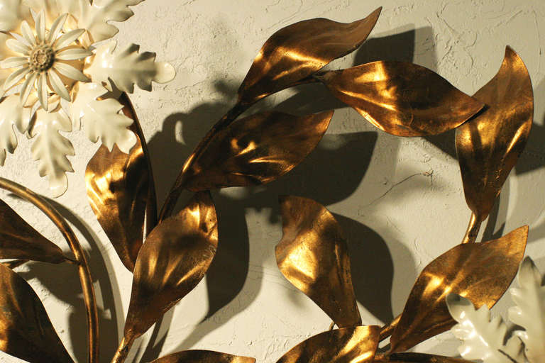 Mid-20th Century Italian Tole Gold Leaf Floral Wall Sconce