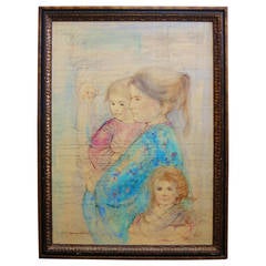 Hibel Mother and Daughter Lithograph and Oil